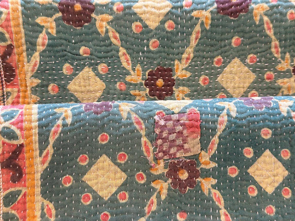 Set of 2 Vintage Kantha Place Mats, Carnival Flowers