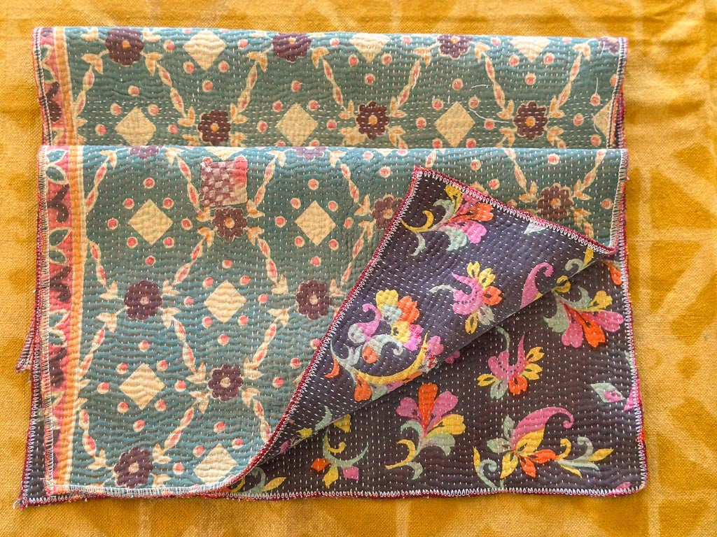 Set of 2 Vintage Kantha Place Mats, Carnival Flowers
