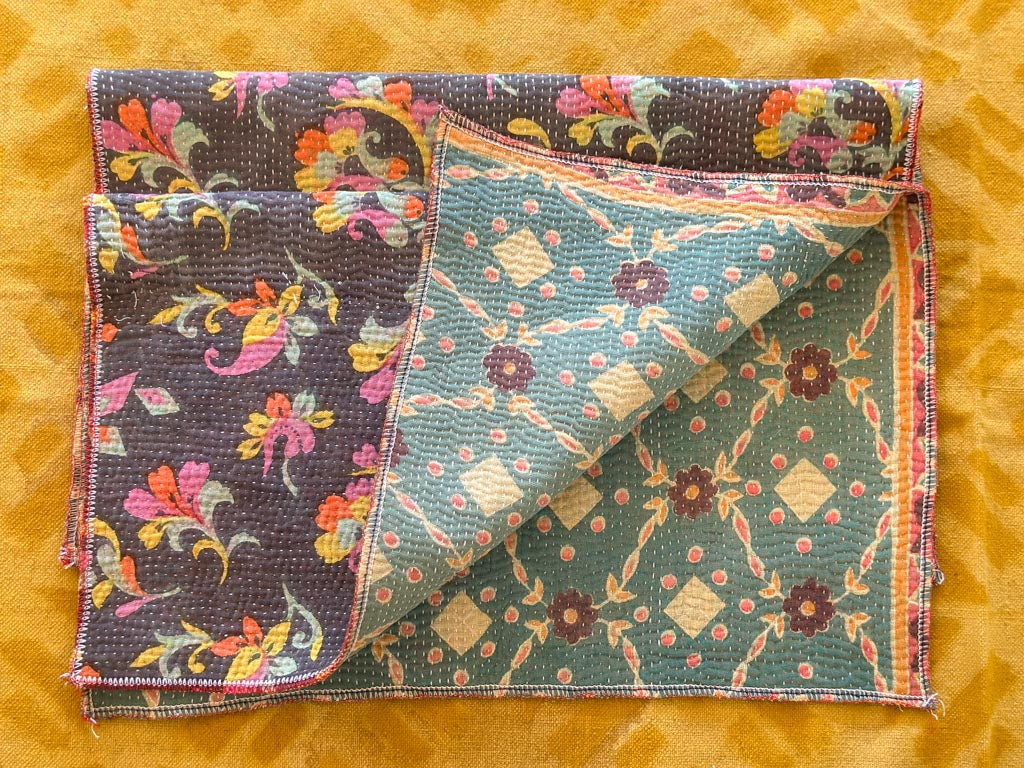 Set of 2 Vintage Kantha Place Mats, Carnival Flowers