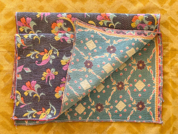 Set of 2 Vintage Kantha Place Mats, Carnival Flowers
