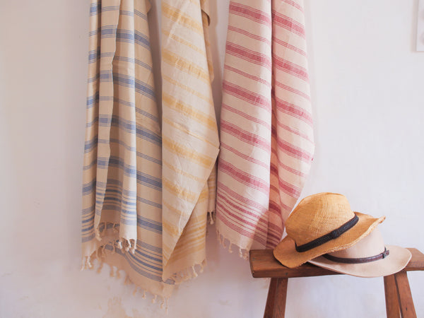 Hand loomed cotton bath or beach towel, "Cassis stripe"