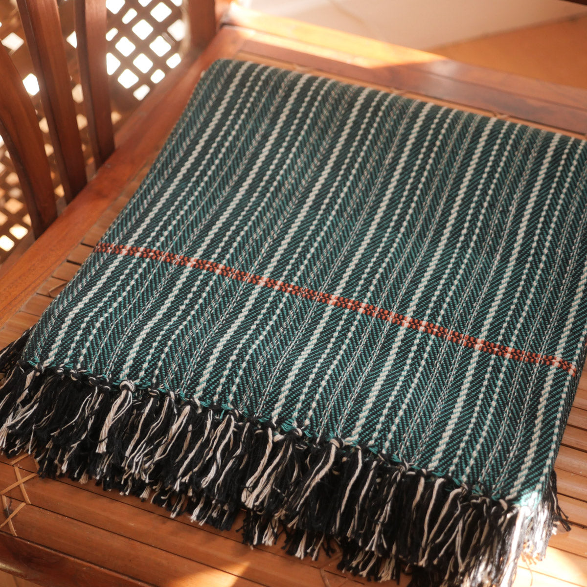 Green striped handwoven cotton throw blanket, No.4