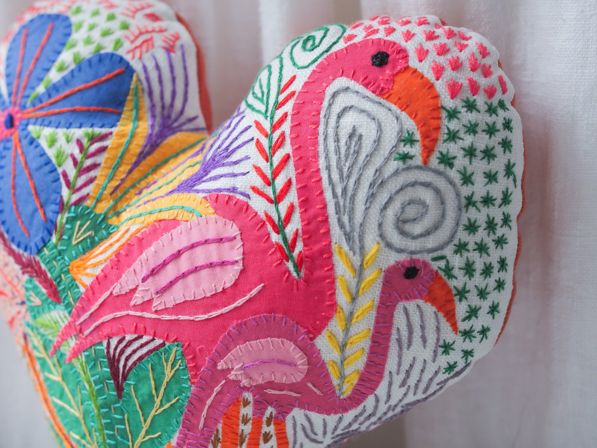 Embroidered heart cushion, Flamingo Duo Secondary image