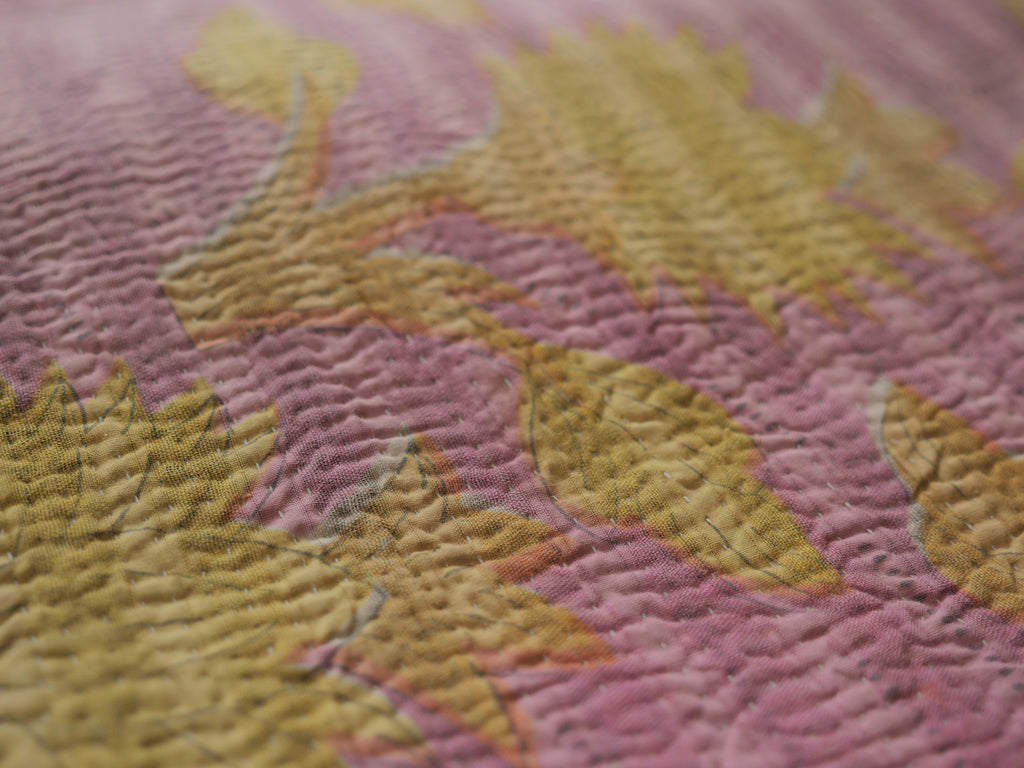 Vintage Kantha Bedspread in Recycled Cotton: Yellow Chrysanthemum