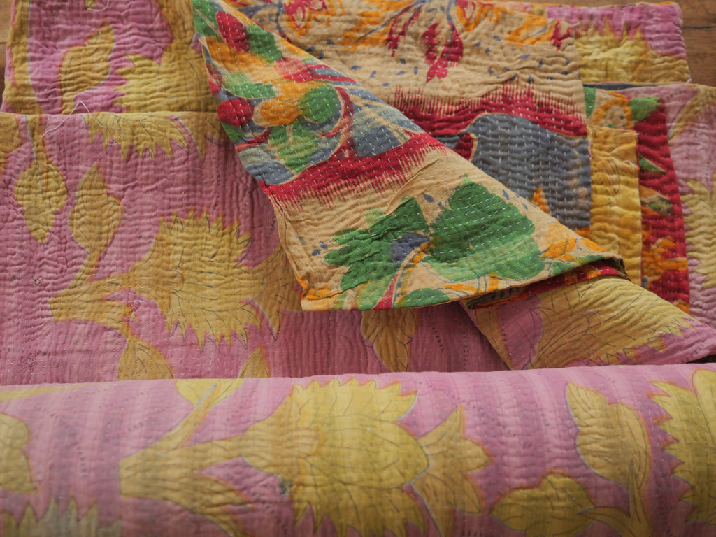 Vintage Kantha Bedspread in Recycled Cotton: Yellow Chrysanthemum