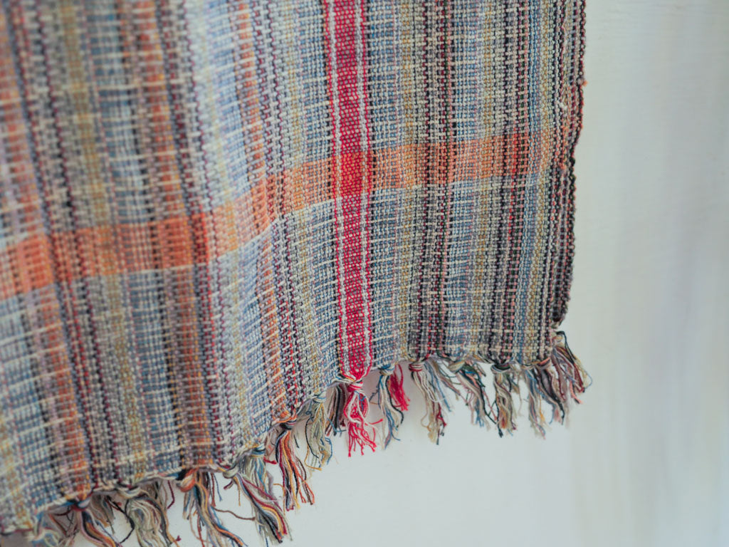 Handwoven cotton towel or throw, green. Mixed-yarn weave.