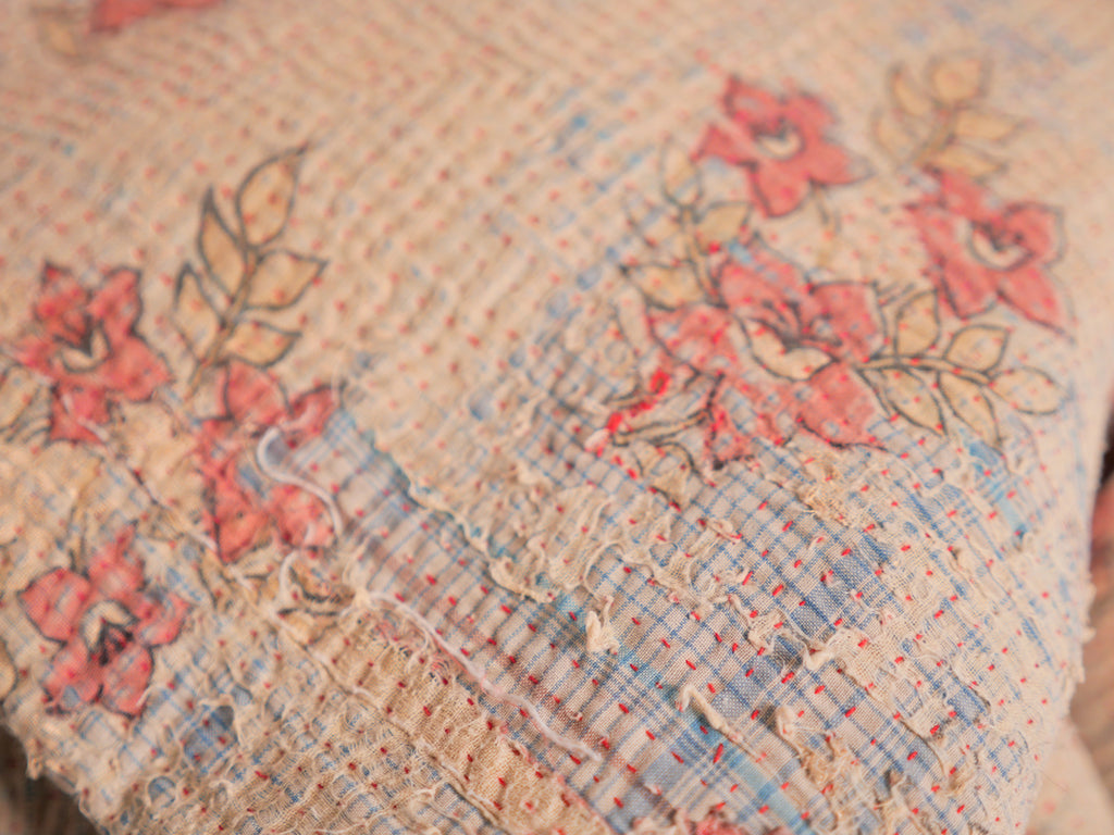 Kantha sari bedspread No.107 "Earth", hand-embroidered recycled cotton.