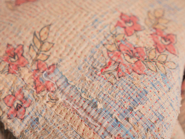 Kantha sari bedspread No.107 "Earth", hand-embroidered recycled cotton.