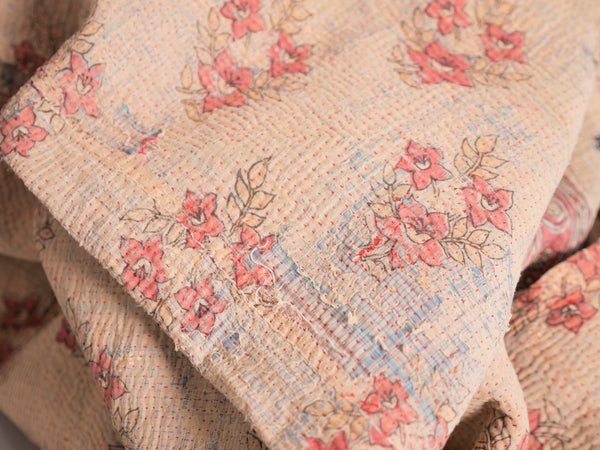 Kantha sari bedspread No.107 "Earth", hand-embroidered recycled cotton.