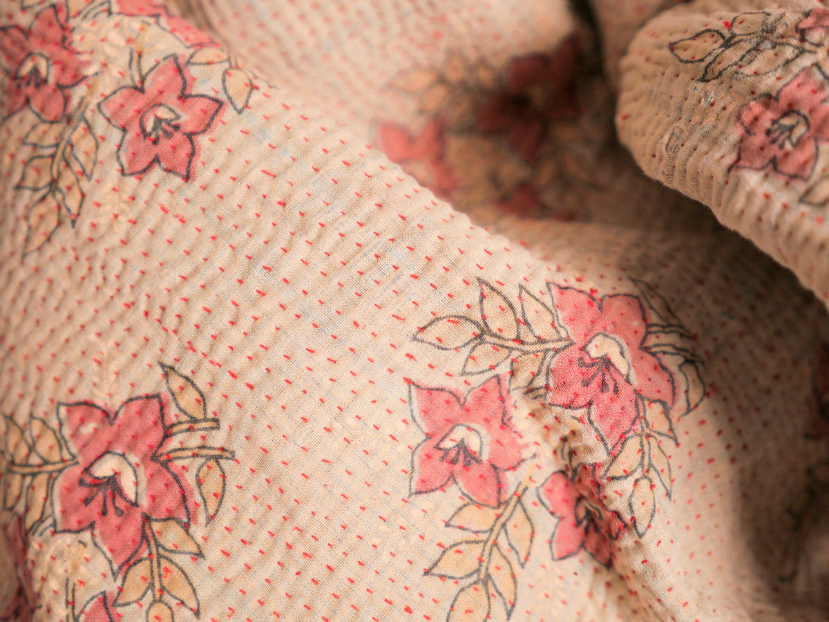 Kantha sari bedspread No.107 "Earth", hand-embroidered recycled cotton.