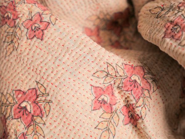 Kantha sari bedspread No.107 "Earth", hand-embroidered recycled cotton.