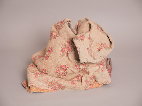 Kantha sari bedspread No.107 "Earth", hand-embroidered recycled cotton.