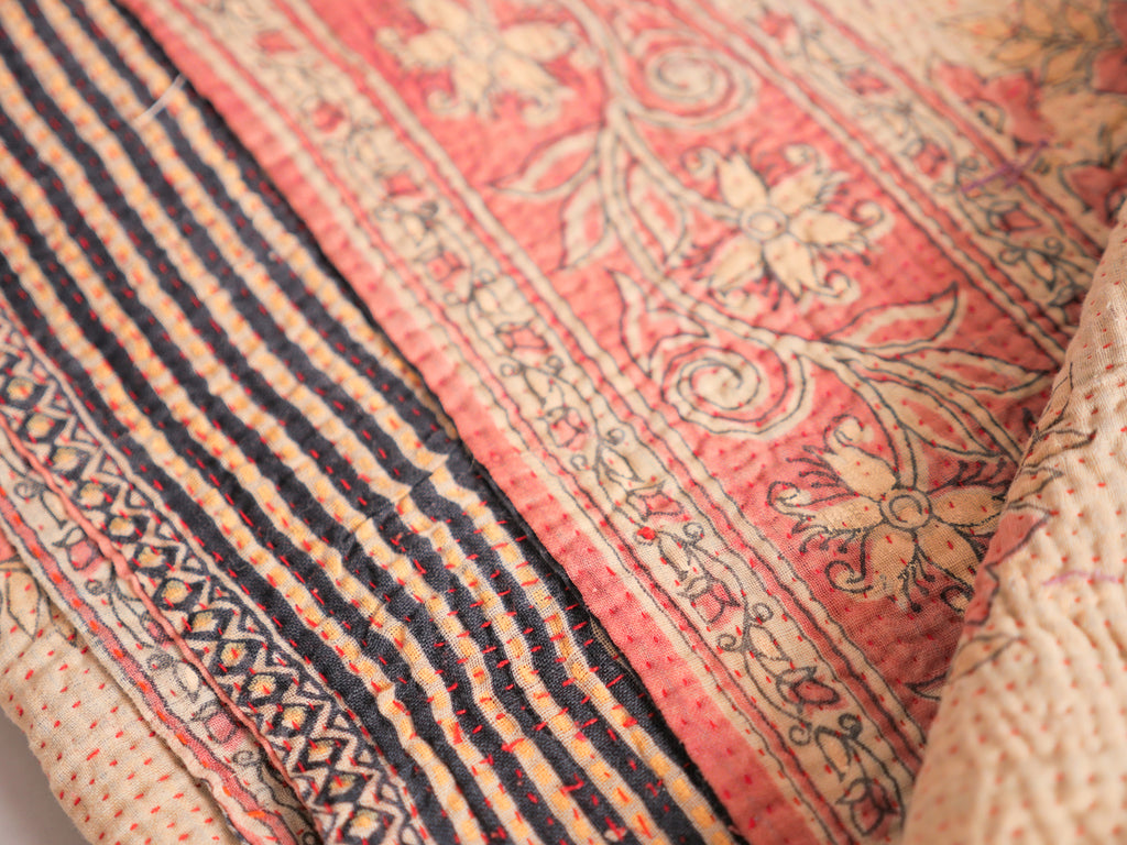 Kantha sari bedspread No.107 "Earth", hand-embroidered recycled cotton.
