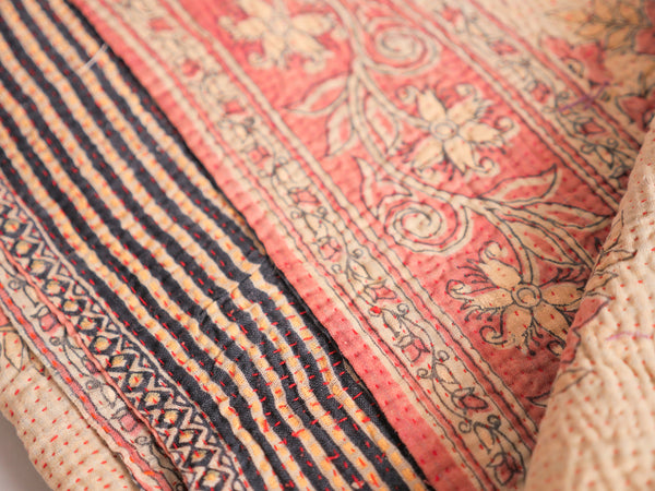 Kantha sari bedspread No.107 "Earth", hand-embroidered recycled cotton.