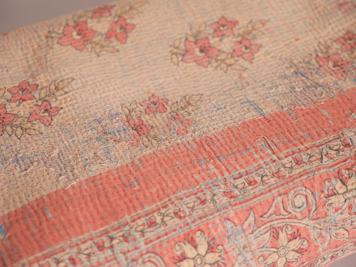 Kantha sari bedspread No.107 "Earth", hand-embroidered recycled cotton.