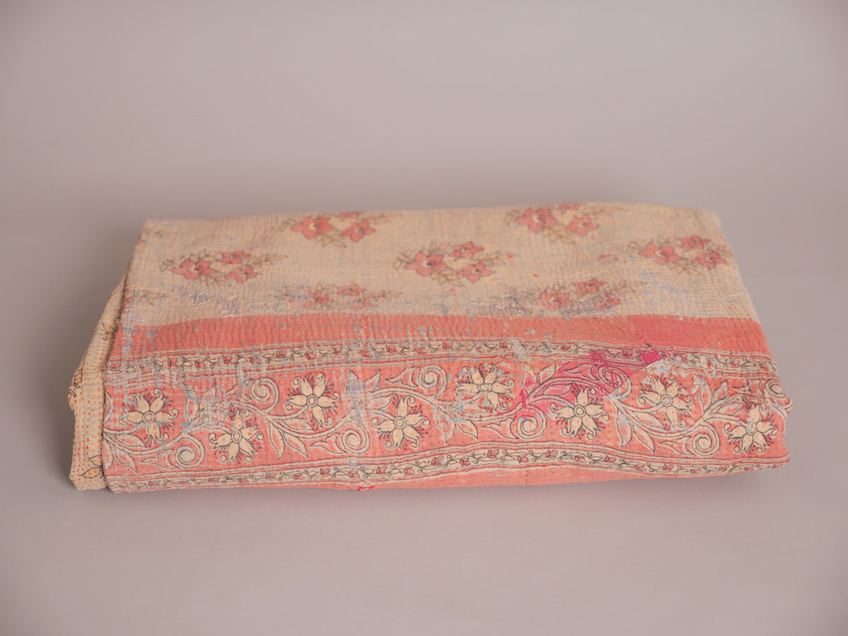 Kantha sari bedspread No.107 "Earth", hand-embroidered recycled cotton. Main image