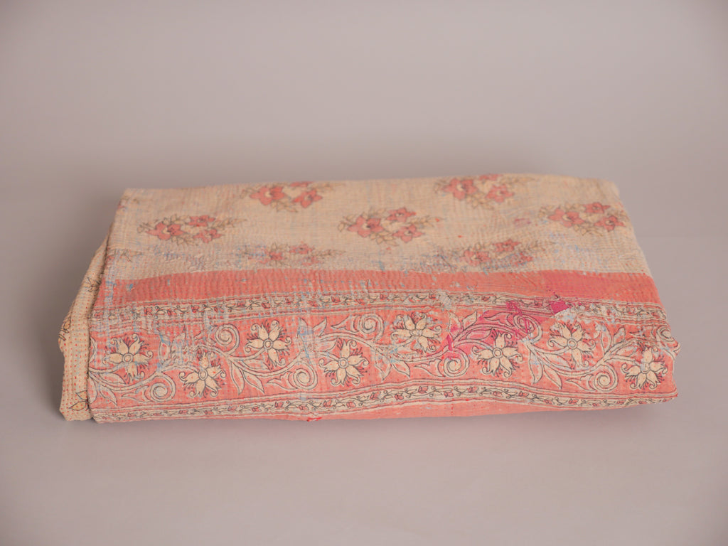 Kantha sari bedspread No.107 "Earth", hand-embroidered recycled cotton.