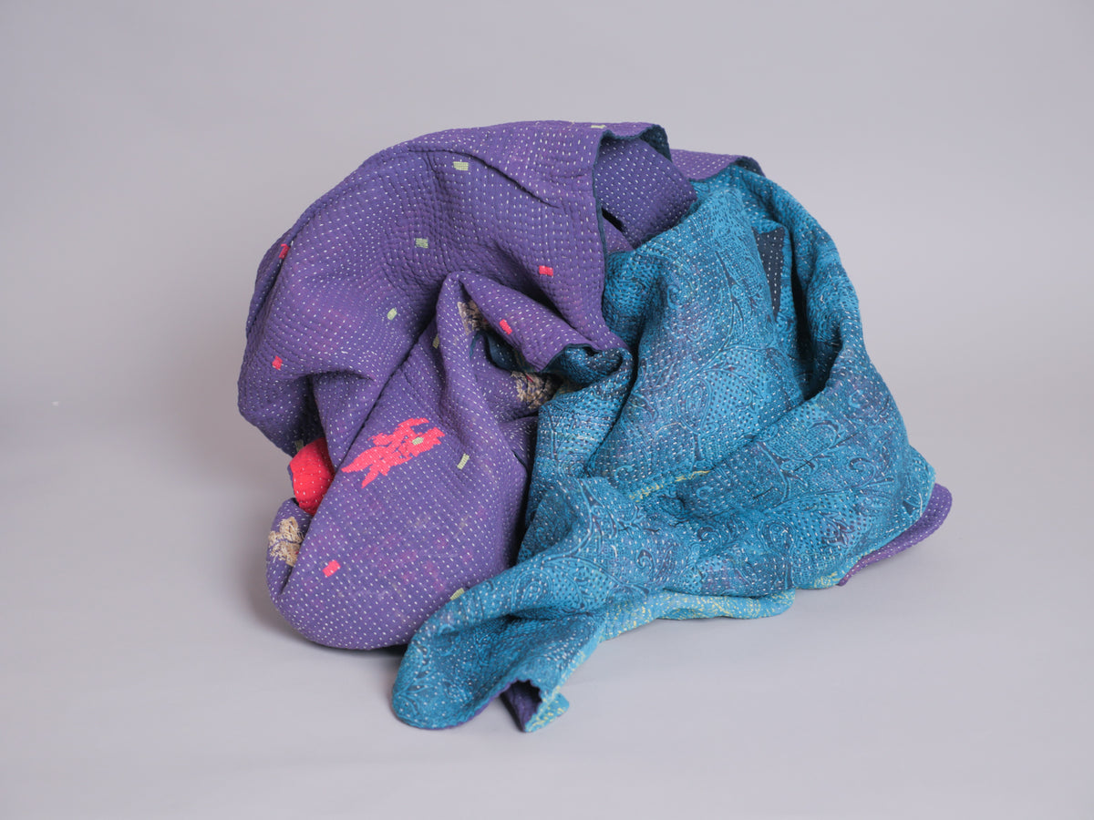 Kantha sari bedspread No.105 "Regal", hand-embroidered recycled cotton