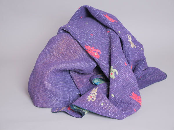 Kantha sari bedspread No.105 "Regal", hand-embroidered recycled cotton
