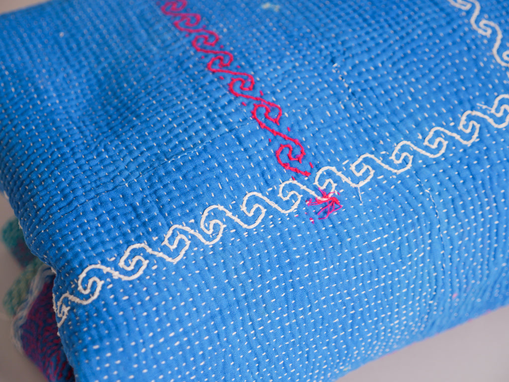 Kantha sari bedspread No.106 "Seablue & Green", hand-embroidered recycled cotton.