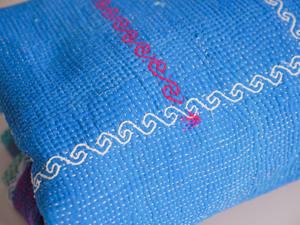 Kantha sari bedspread No.106 "Seablue & Green", hand-embroidered recycled cotton.