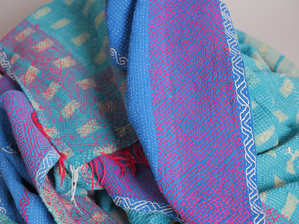 Kantha sari bedspread No.106 "Seablue & Green", hand-embroidered recycled cotton.