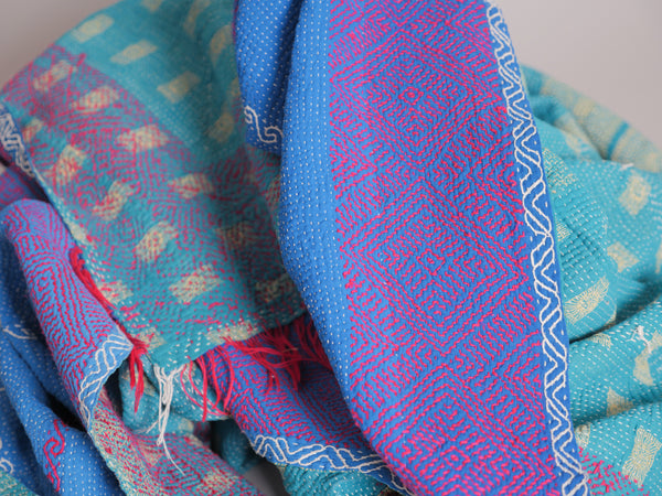 Kantha sari bedspread No.106 "Seablue & Green", hand-embroidered recycled cotton.