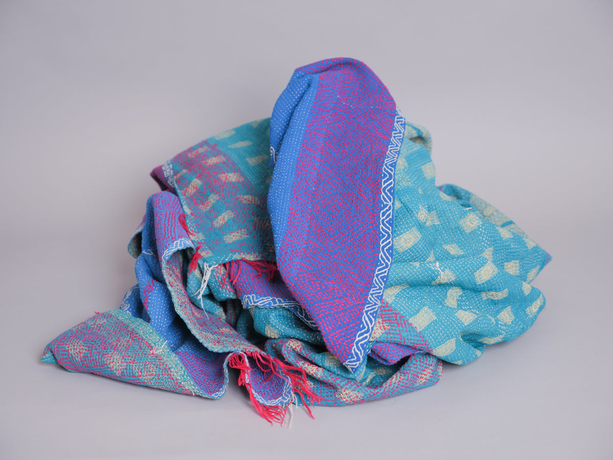 Kantha sari bedspread No.106 "Seablue & Green", hand-embroidered recycled cotton.
