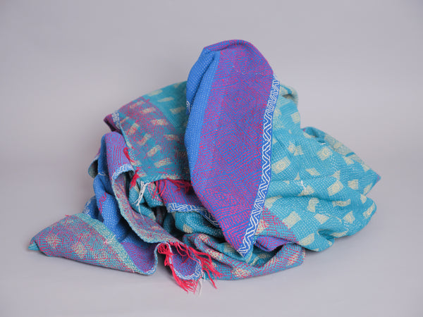 Kantha sari bedspread No.106 "Seablue & Green", hand-embroidered recycled cotton.
