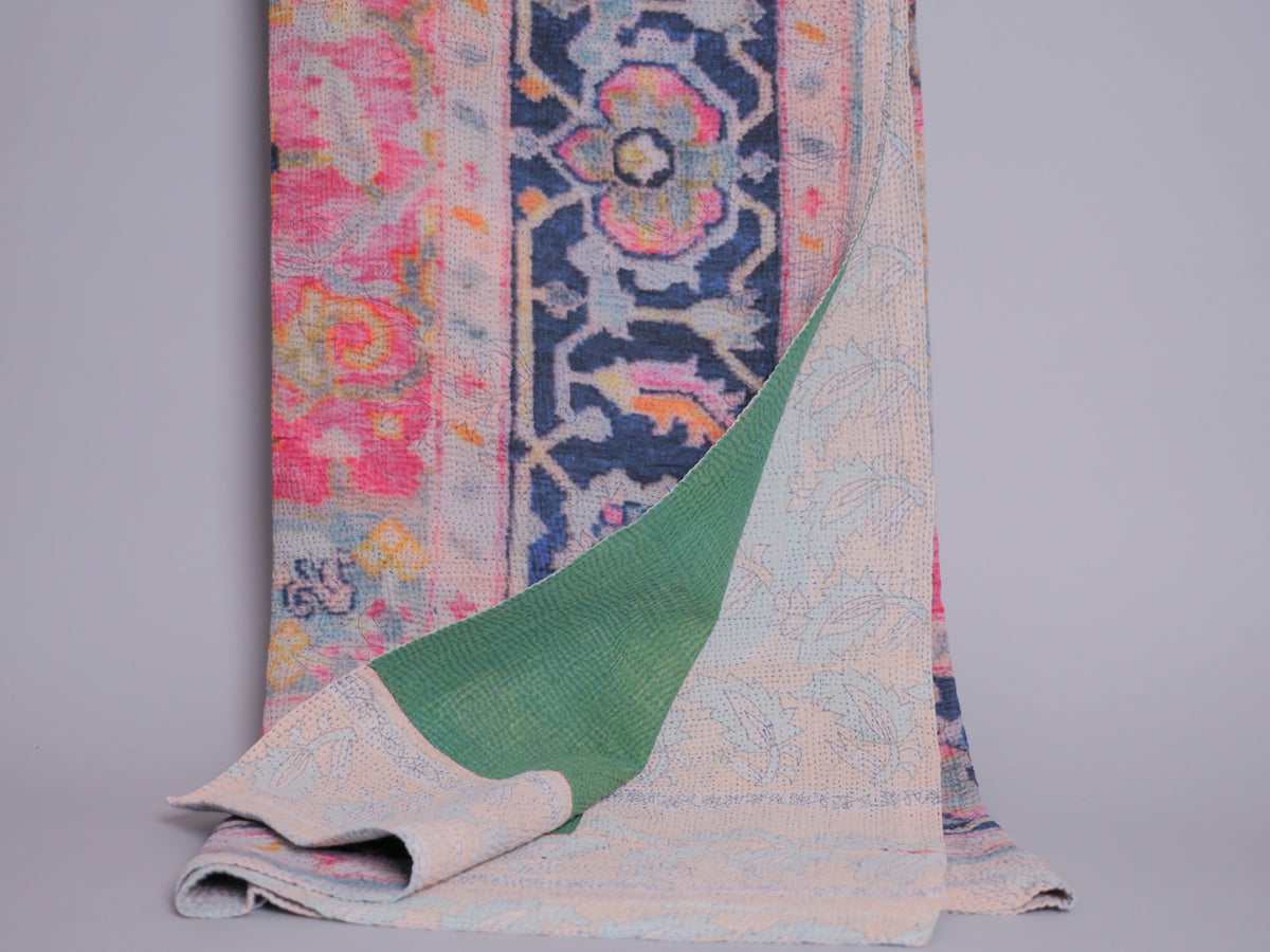 Couvre lit brodé main kantha avec motif imprimé