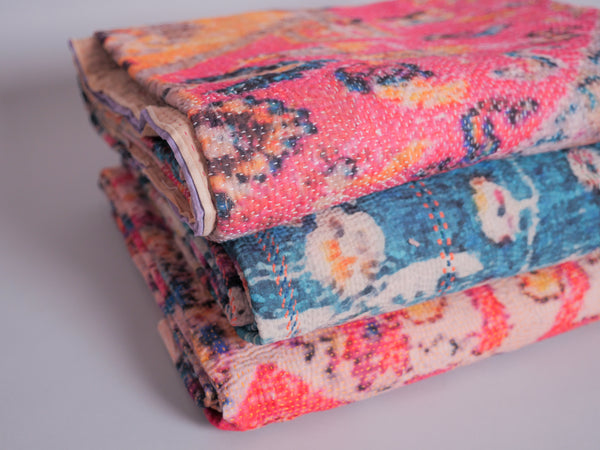 Kantha brodé main avec motif imprimé 