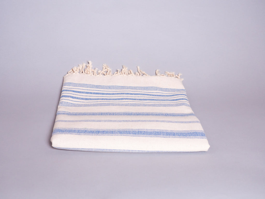Hand loomed cotton bath or beach towel, Blue stripe
