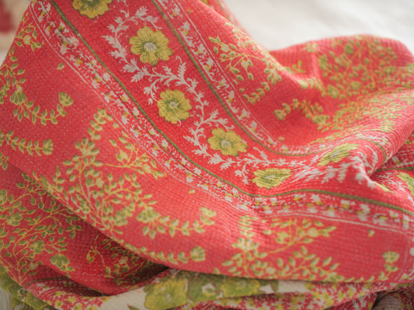 Kantha sari bedspread No. 160 "Cottage Garden", hand-embroidered recycled cotton