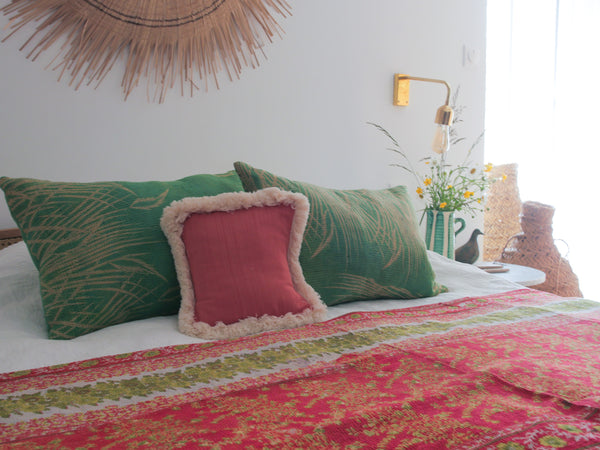 Kantha sari bedspread No. 160 "Cottage Garden", hand-embroidered recycled cotton
