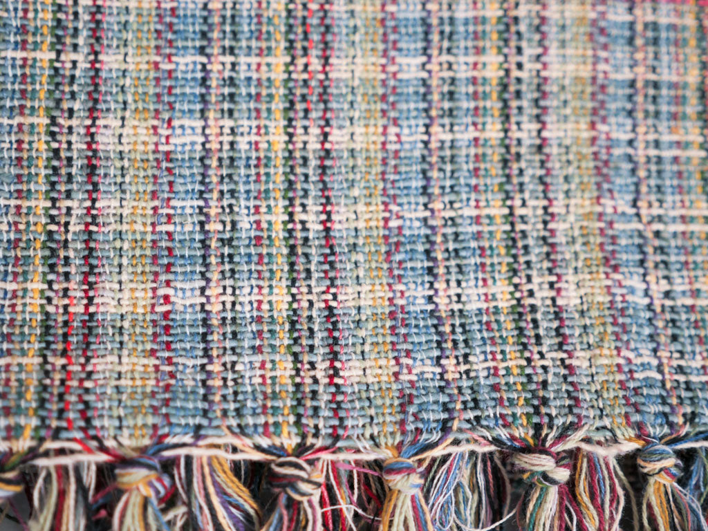 Handwoven cotton towel or throw, green. Mixed-yarn weave.