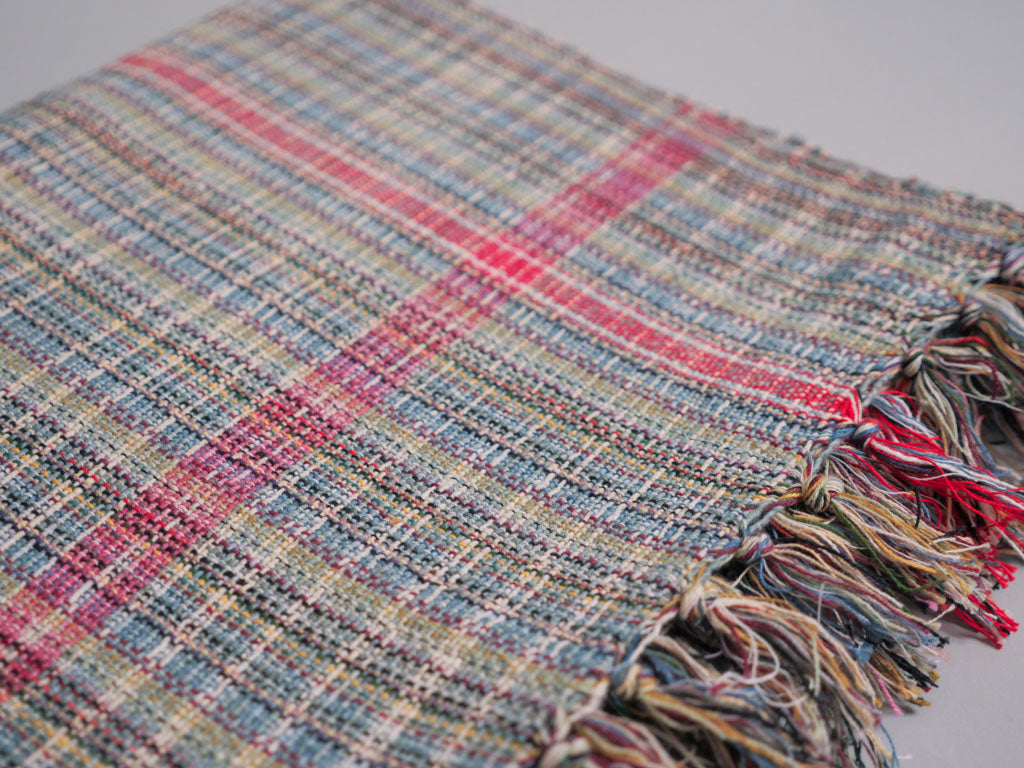 Handwoven cotton towel or throw, green. Mixed-yarn weave.