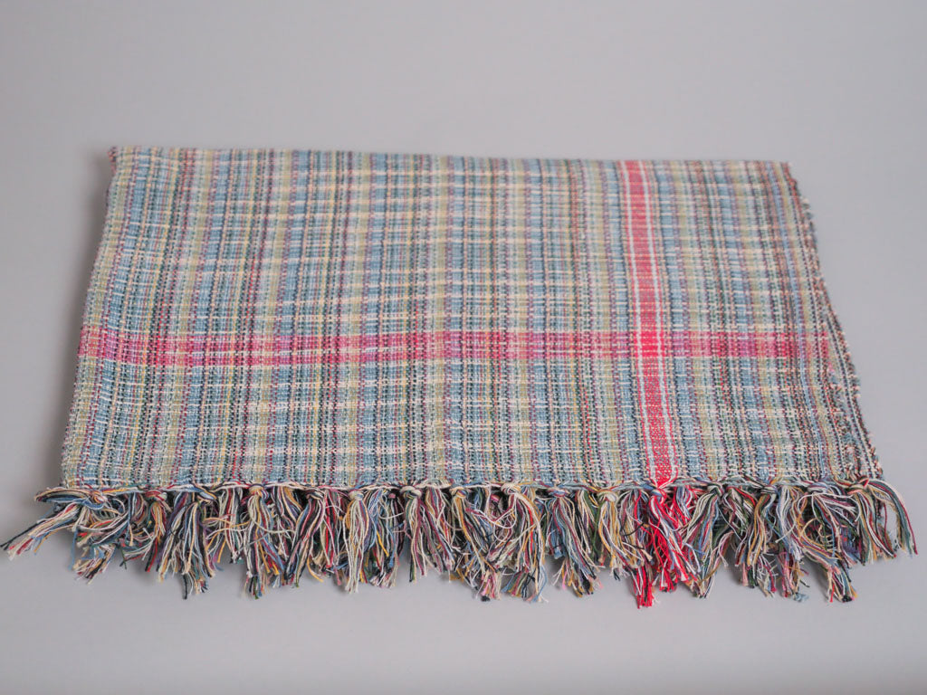 Handwoven cotton towel or throw, green. Mixed-yarn weave.