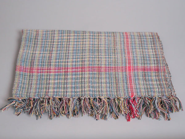 Handwoven cotton towel or throw, green. Mixed-yarn weave.