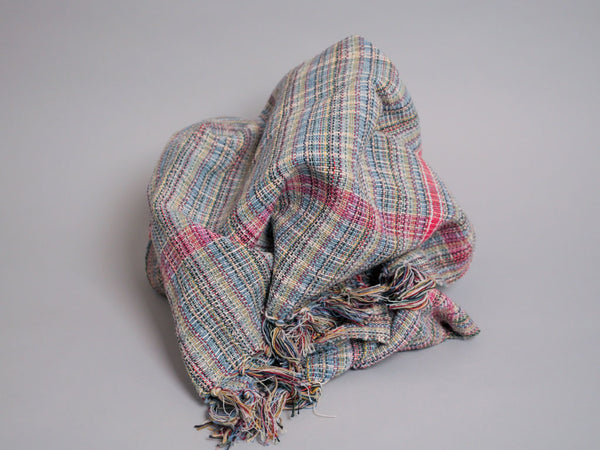 Handwoven cotton towel or throw, green. Mixed-yarn weave.