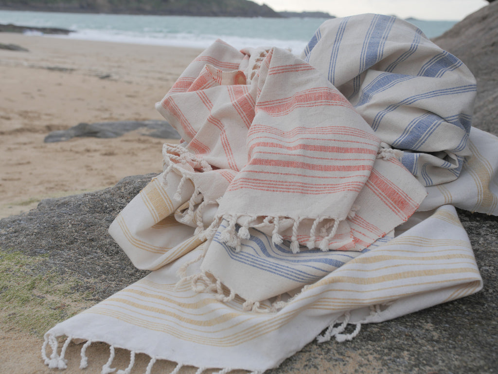 Hand loomed cotton bath or beach towel, "Cassis stripe"