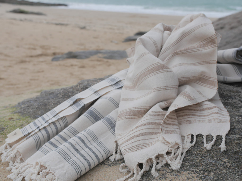 Hand loomed cotton bath or beach towel, "Ochre stripe"