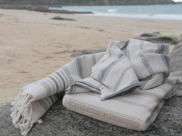Hand loomed cotton bath or beach towel, "Black stripe"