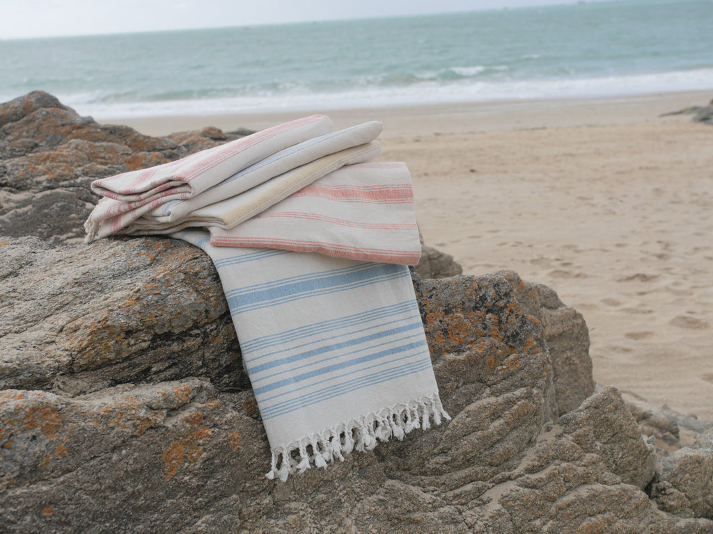 Hand loomed cotton bath or beach towel, Blue stripe