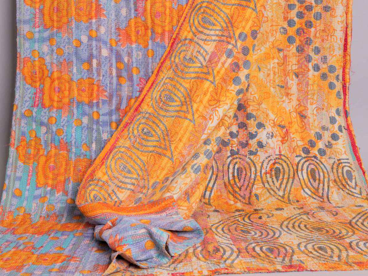 Vintage Kantha Bedspread in Recycled Cotton No.100 "Clementine Rose"