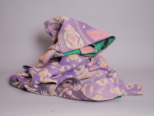 Vintage Kantha Bedspread in Recycled Cotton No.106 "Midnights and Green"