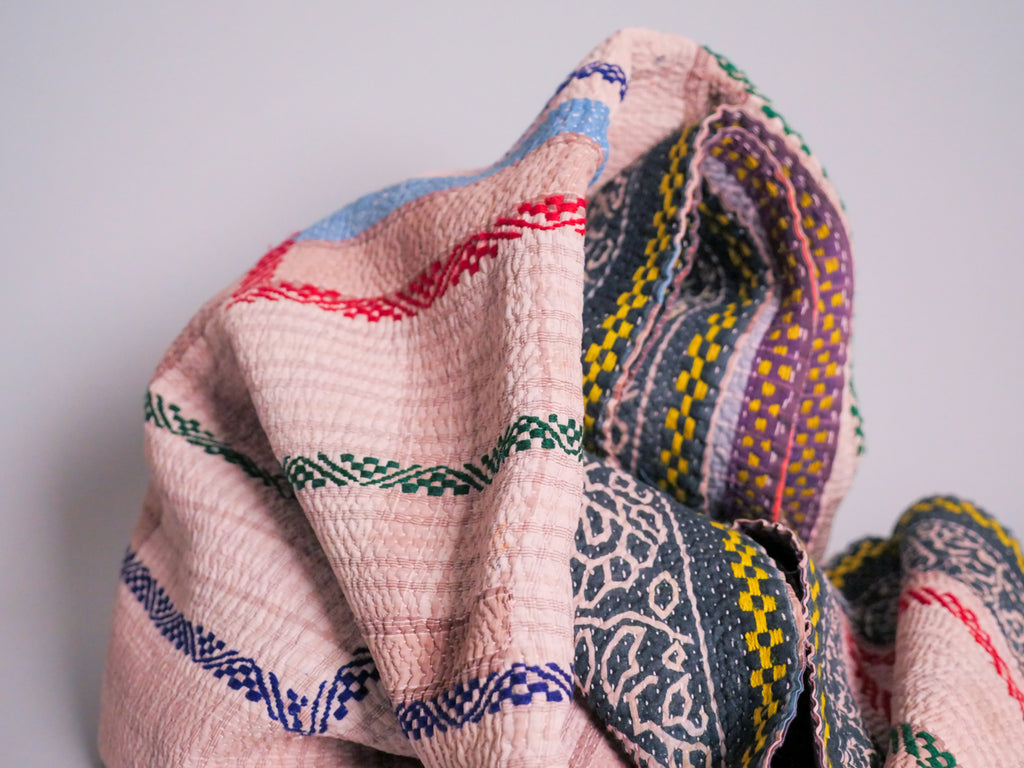 Vintage Kantha Bedspread in Recycled Cotton No.126 "Rainbow"
