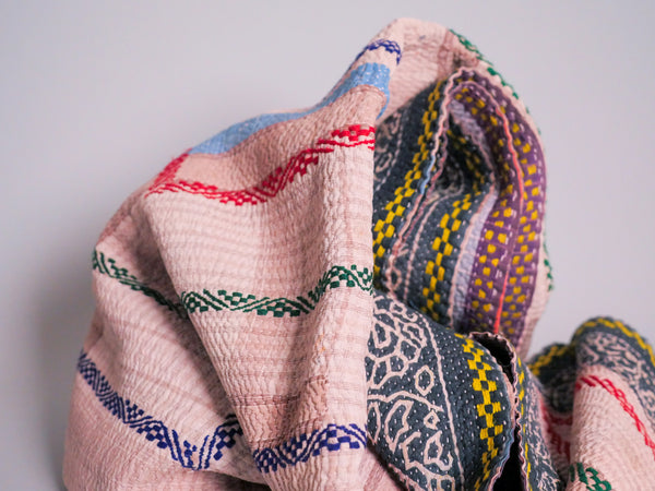Vintage Kantha Bedspread in Recycled Cotton No.126 "Rainbow"