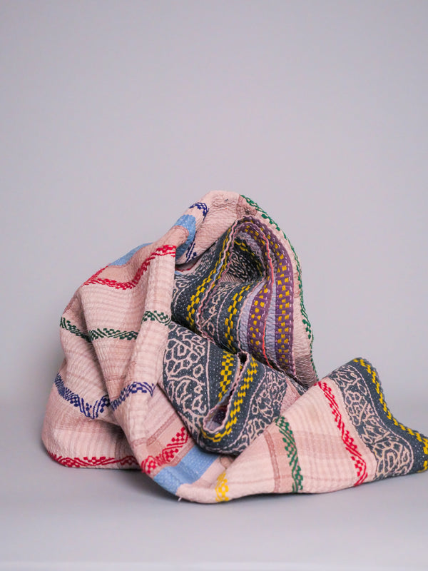 Vintage Kantha Bedspread in Recycled Cotton No.126 "Rainbow"