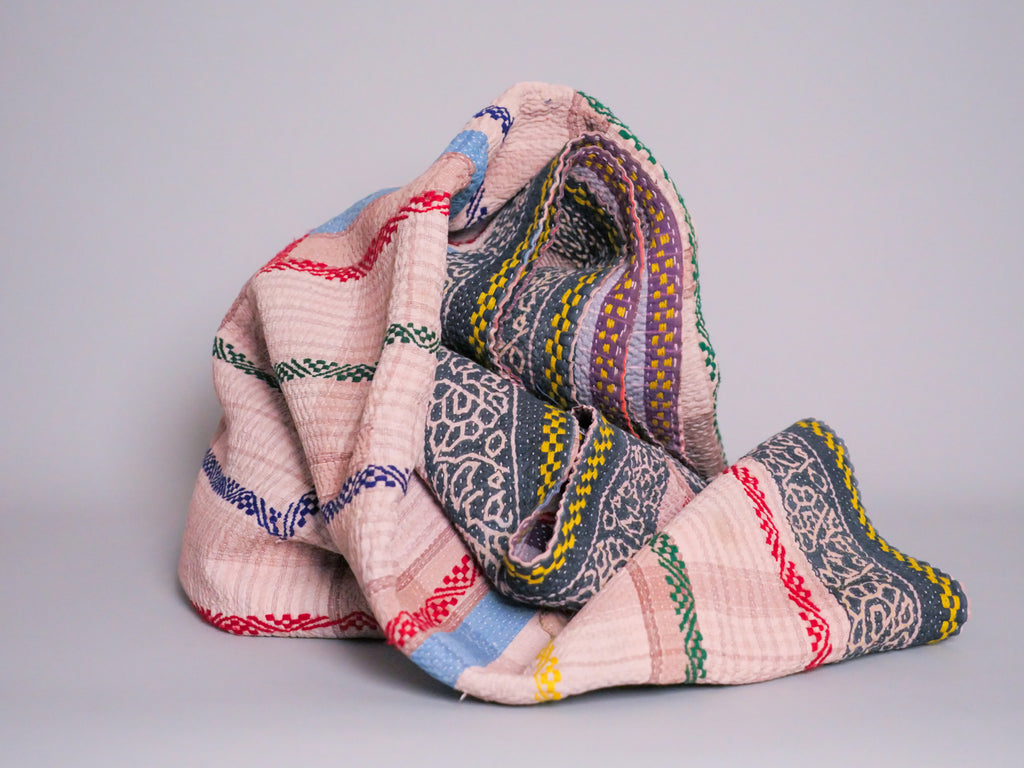 Vintage Kantha Bedspread in Recycled Cotton No.126 "Rainbow"