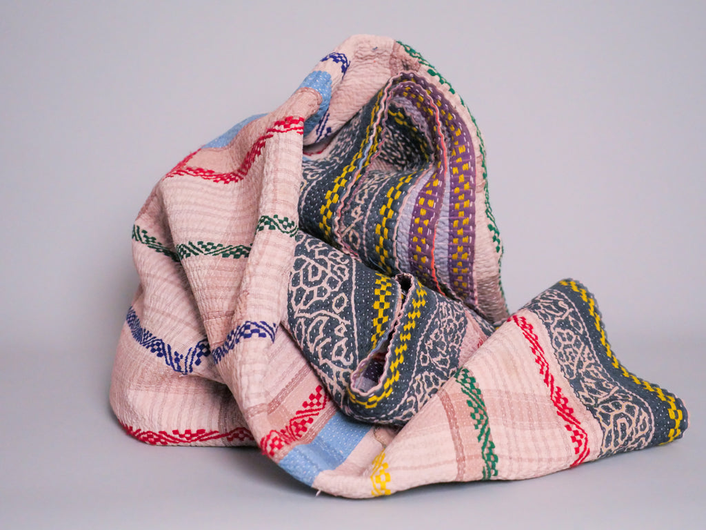 Vintage Kantha Bedspread in Recycled Cotton No.126 "Rainbow"